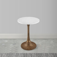 Tyler Accent Side Table, 14.5 Inch Round White Marble Top, Antique Brass Hammered Pedestal Base - UPT-315640