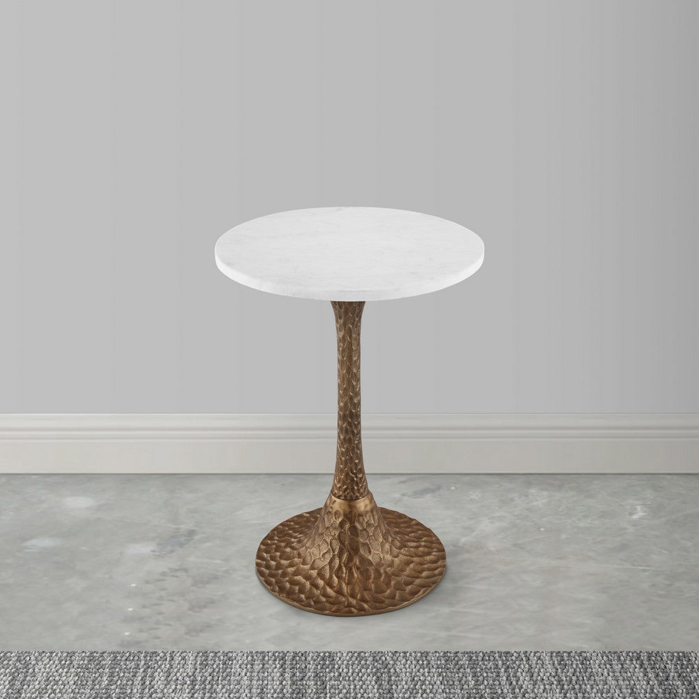 Tyler 20.5 Inch Accent Side Table, Round White Marble Top, Antique Brass Hammered Pedestal Base - UPT-315640
