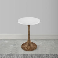 Tyler 20.5 Inch Accent Side Table, Round White Marble Top, Antique Brass Hammered Pedestal Base - UPT-315640