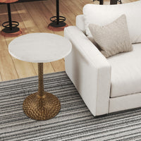 Tyler 20.5 Inch Accent Side Table, Round White Marble Top, Antique Brass Hammered Pedestal Base - UPT-315640