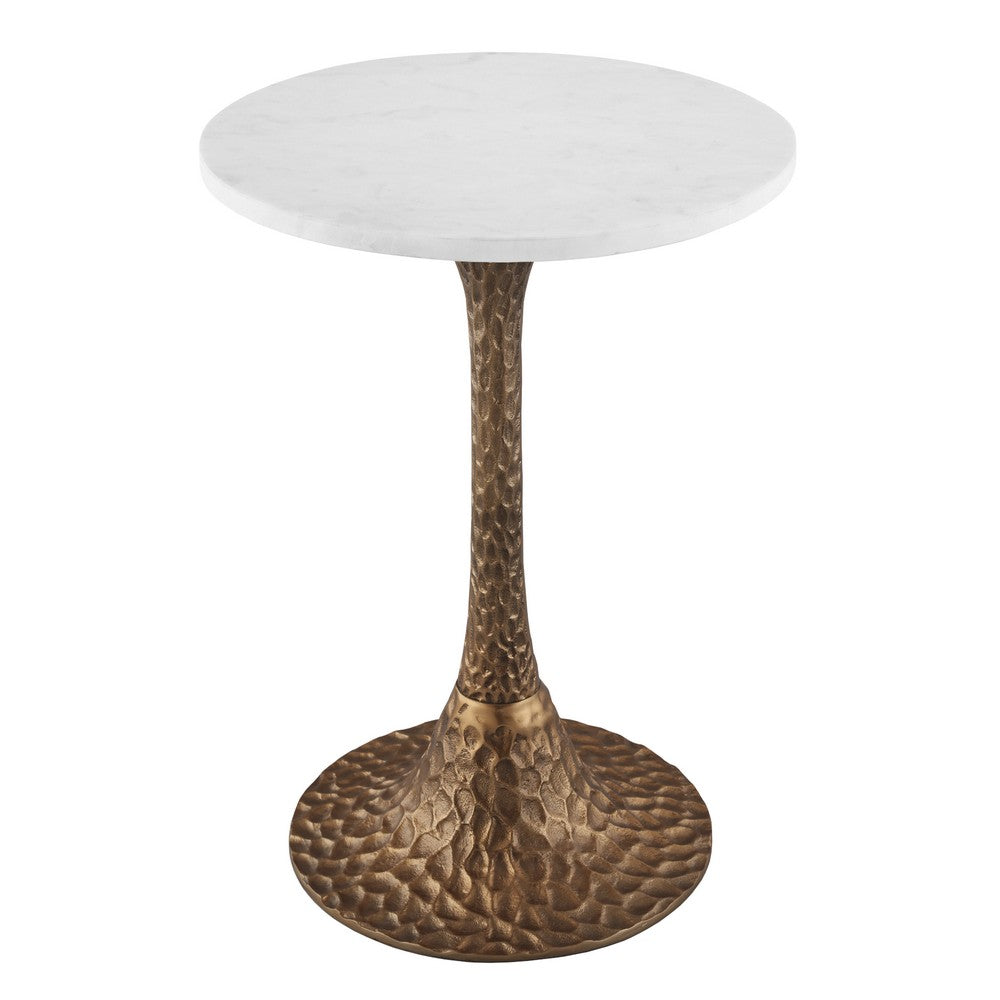 Tyler 20.5 Inch Accent Side Table, Round White Marble Top, Antique Brass Hammered Pedestal Base - UPT-315640