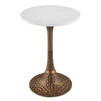 Tyler 20.5 Inch Accent Side Table, Round White Marble Top, Antique Brass Hammered Pedestal Base - UPT-315640