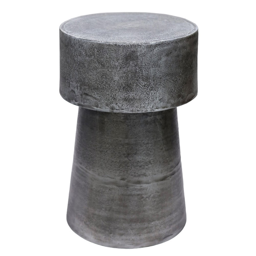Vintage 23.6 Inch Accent Side Table, Round Top, Antique Silver Cast Aluminum Drum Base - UPT-315641