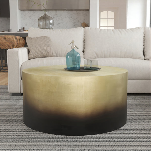 Dyan Coffee Table, 34.5 Inch Round Drum Shape, Black, Gold Antique Brass Ombre - UPT-315642