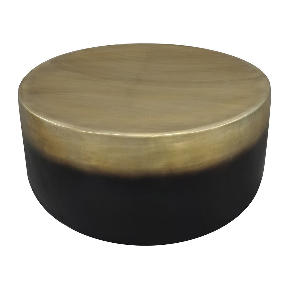 Dyan Coffee Table, 34.5 Inch Round Drum Shape, Black, Gold Antique Brass Ombre - UPT-315642