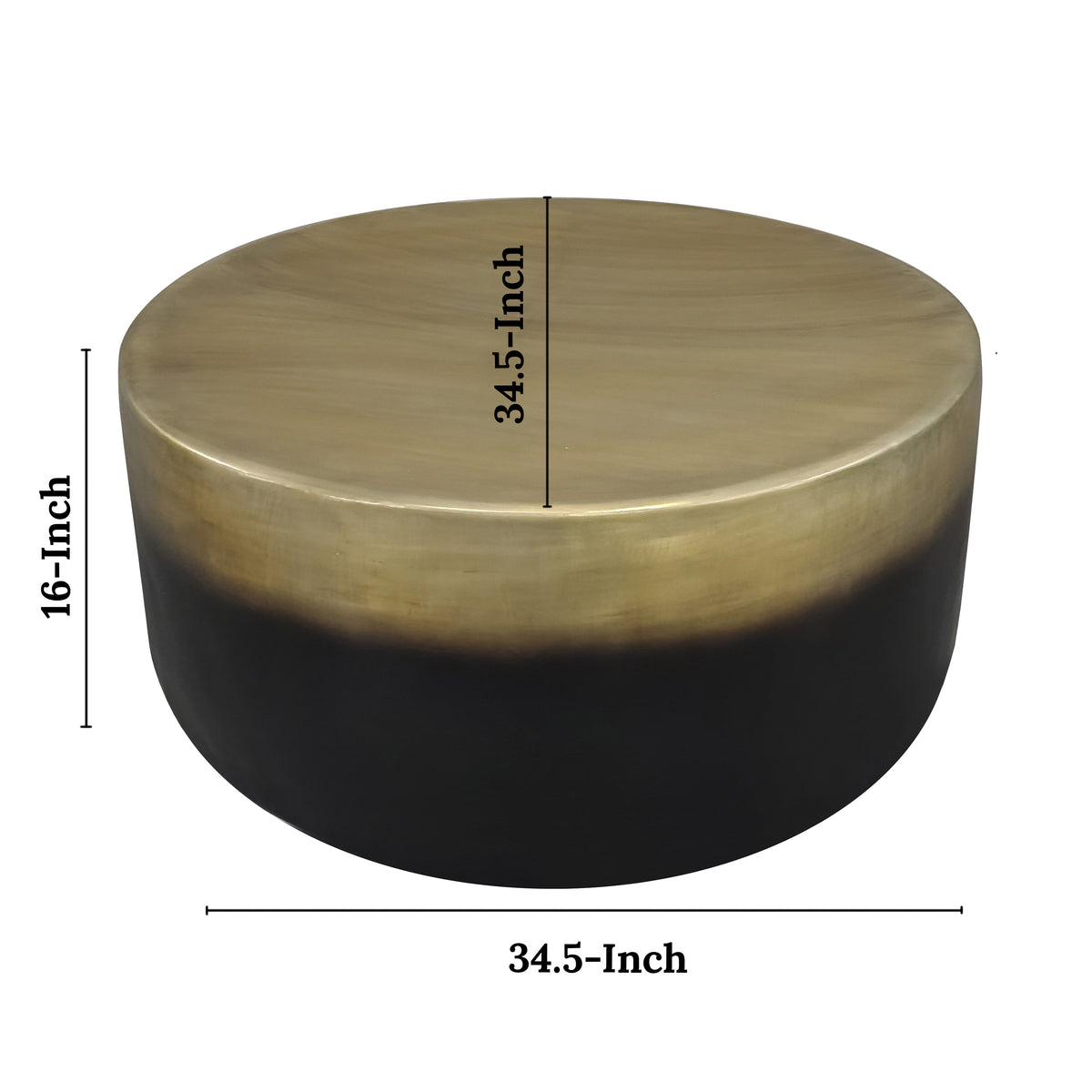 Dyan Coffee Table, 34.5 Inch Round Drum Shape, Black, Gold Antique Brass Ombre - UPT-315642