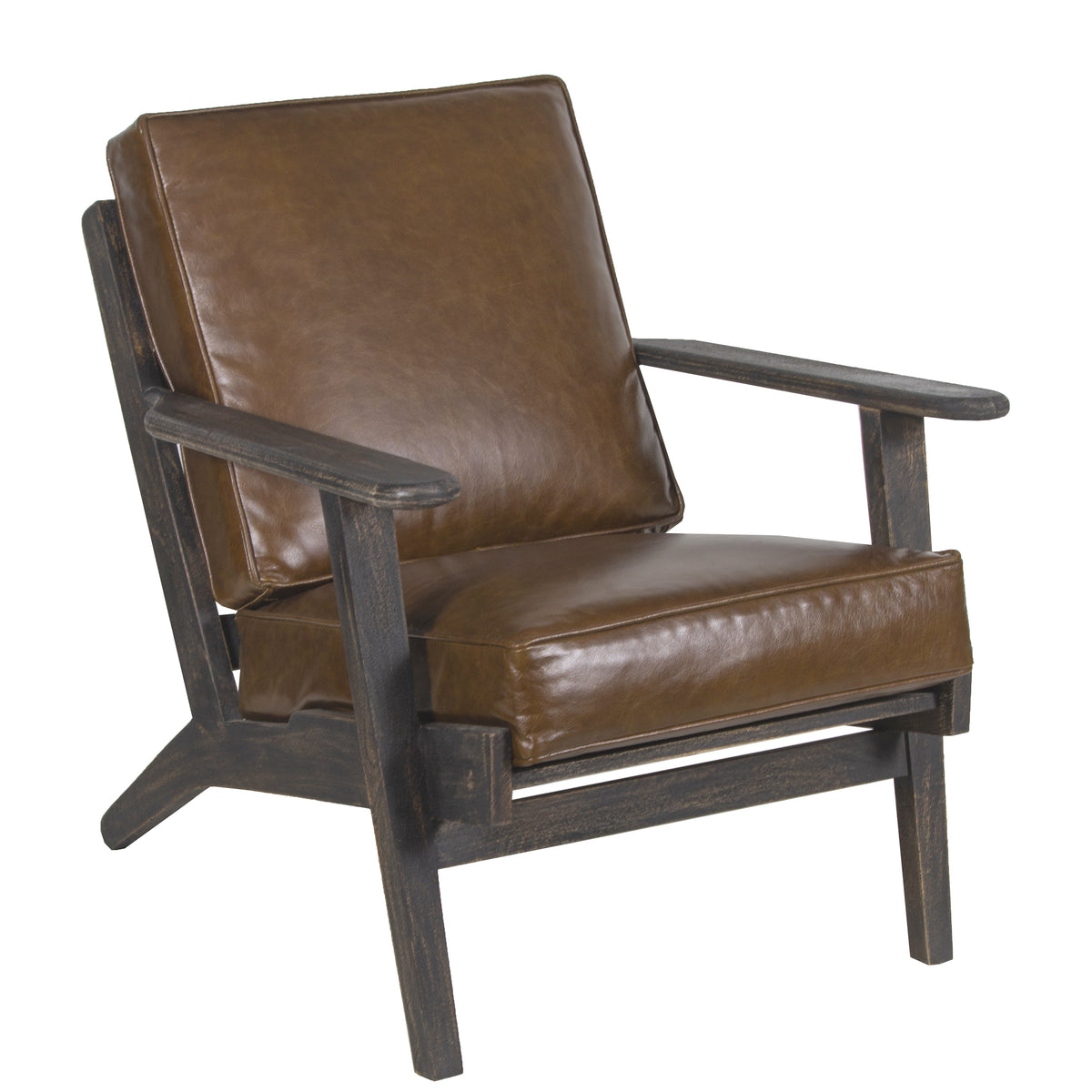 Amber Accent Chair, Handcrafted Slatted Mango Wood, Brown Buffalo Leather Cushions, Angled Legs - UPT-315762