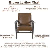 Amber Accent Chair, Handcrafted Slatted Mango Wood, Brown Buffalo Leather Cushions, Angled Legs - UPT-315762