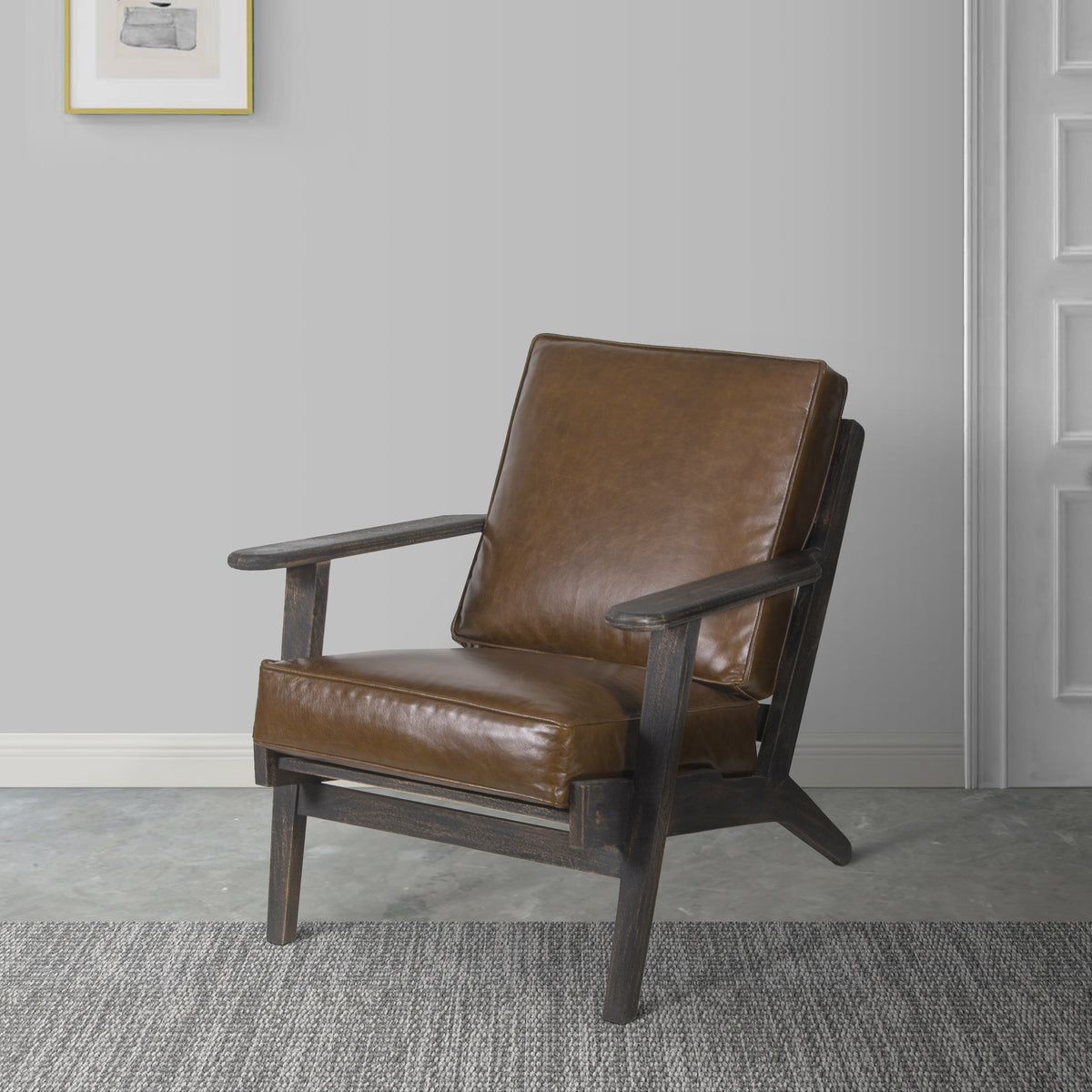 Amber Accent Chair, Handcrafted Slatted Mango Wood, Brown Buffalo Leather Cushions, Angled Legs - UPT-315762