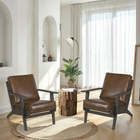 Amber Accent Chair, Handcrafted Slatted Mango Wood, Brown Buffalo Leather Cushions, Angled Legs - UPT-315762