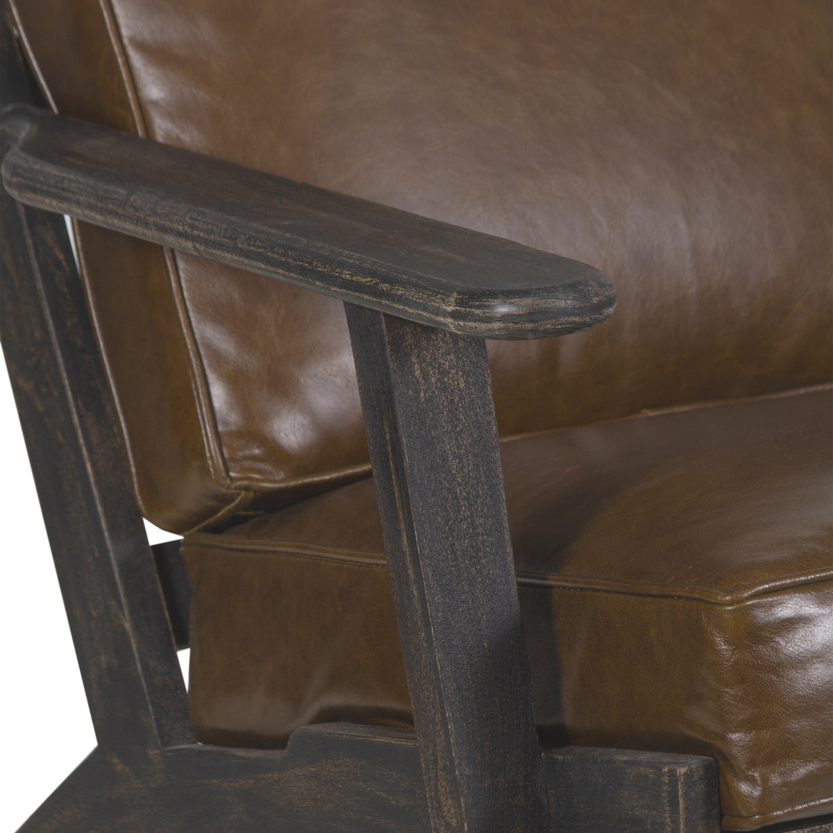 Amber Accent Chair, Handcrafted Slatted Mango Wood, Brown Buffalo Leather Cushions, Angled Legs - UPT-315762