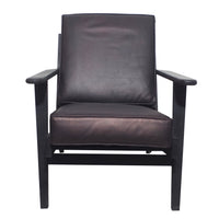 Amber Accent Chair, Handcrafted Slatted Mango Wood, Black Buffalo Leather Cushions, Angled Legs