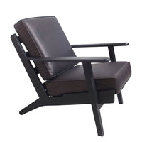 Amber Accent Chair, Handcrafted Slatted Mango Wood, Black Buffalo Leather Cushions, Angled Legs