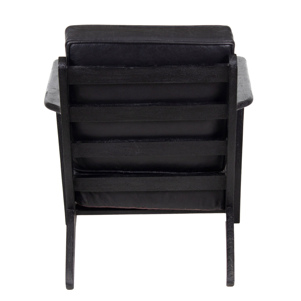 Amber Accent Chair, Handcrafted Slatted Mango Wood, Black Buffalo Leather Cushions, Angled Legs