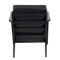 Amber Accent Chair, Handcrafted Slatted Mango Wood, Black Buffalo Leather Cushions, Angled Legs