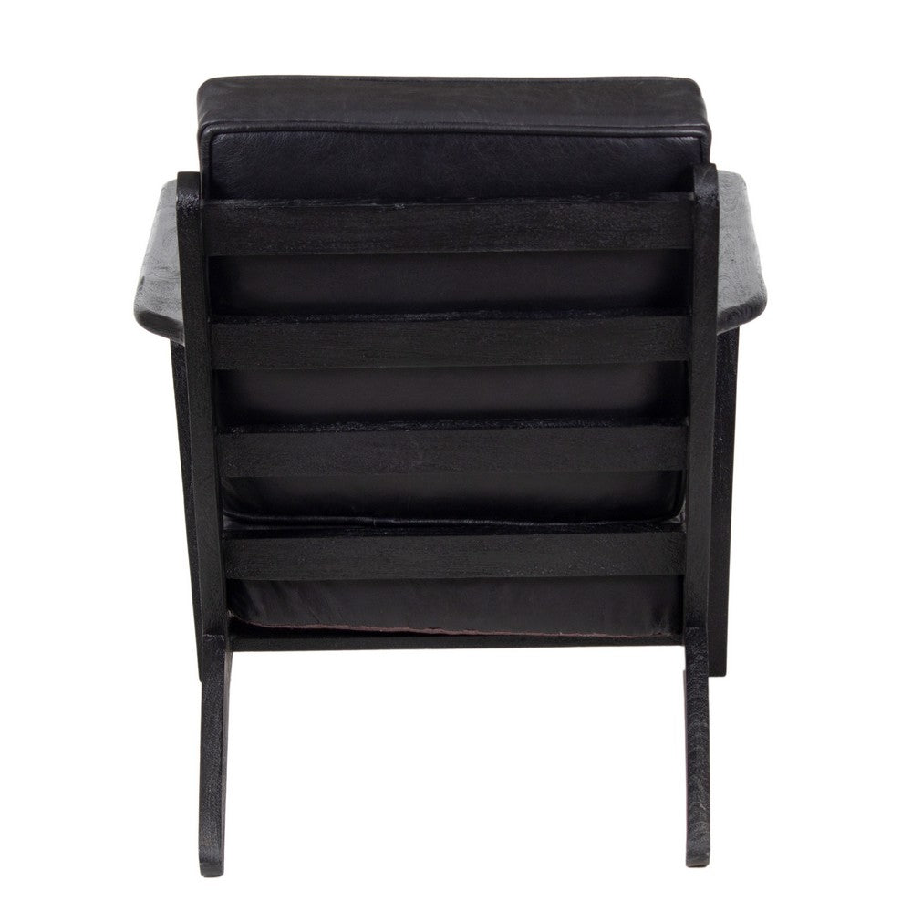 Amber Accent Chair, Handcrafted Slatted Mango Wood, Black Buffalo Leather Cushions, Angled Legs - UPT-315763