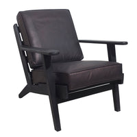 Amber Accent Chair, Handcrafted Slatted Mango Wood, Black Buffalo Leather Cushions, Angled Legs