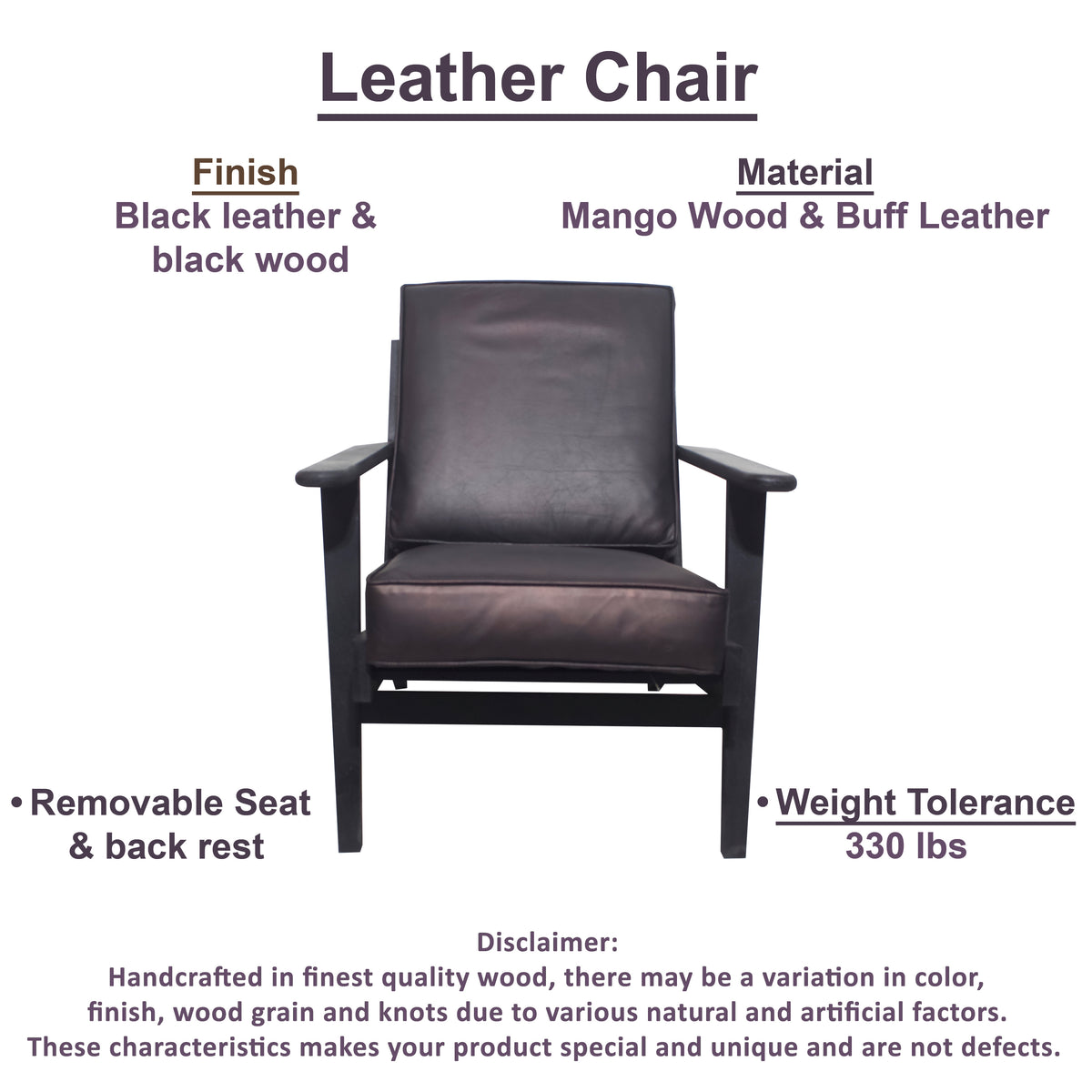 Amber Accent Chair, Handcrafted Slatted Mango Wood, Black Buffalo Leather Cushions, Angled Legs