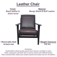 Amber Accent Chair, Handcrafted Slatted Mango Wood, Black Buffalo Leather Cushions, Angled Legs