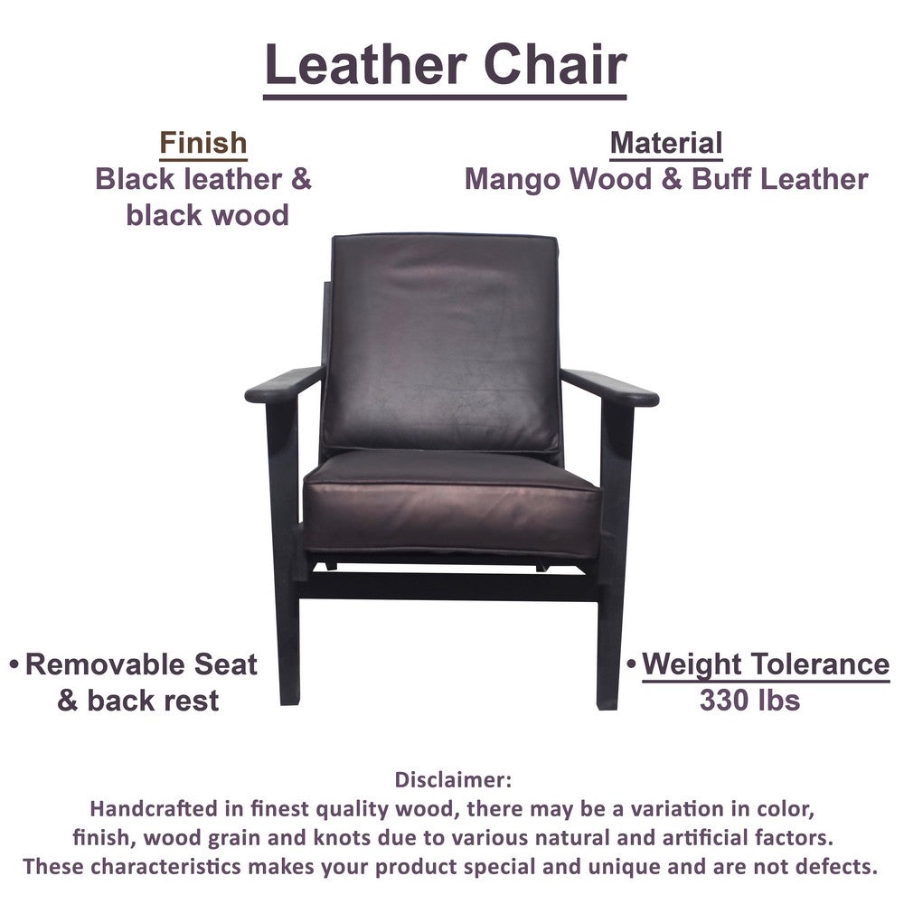 Amber Accent Chair, Handcrafted Slatted Mango Wood, Black Buffalo Leather Cushions, Angled Legs - UPT-315763