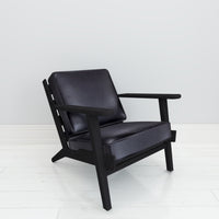 Amber Accent Chair, Handcrafted Slatted Mango Wood, Black Buffalo Leather Cushions, Angled Legs