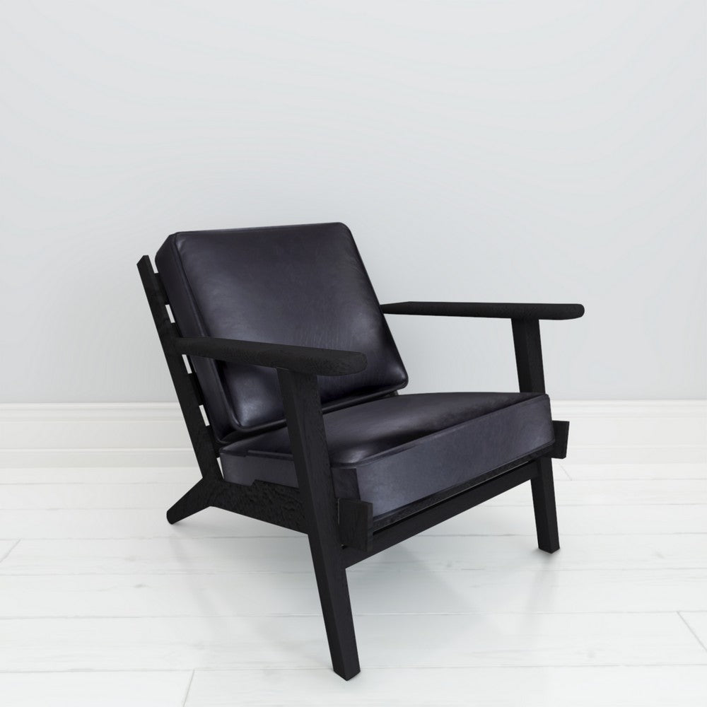 Amber Accent Chair, Handcrafted Slatted Mango Wood, Black Buffalo Leather Cushions, Angled Legs - UPT-315763