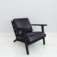 Amber Accent Chair, Handcrafted Slatted Mango Wood, Black Buffalo Leather Cushions, Angled Legs - UPT-315763