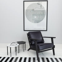 Amber Accent Chair, Handcrafted Slatted Mango Wood, Black Buffalo Leather Cushions, Angled Legs