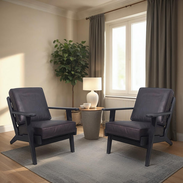 Amber Accent Chair, Handcrafted Slatted Mango Wood, Black Buffalo Leather Cushions, Angled Legs - UPT-315763