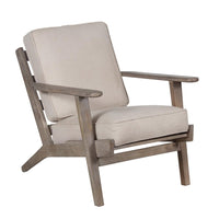 Amber Accent Chair, Handcrafted Washed Ash Gray Mango Wood, Beige Fabric Cushions, Angled Legs