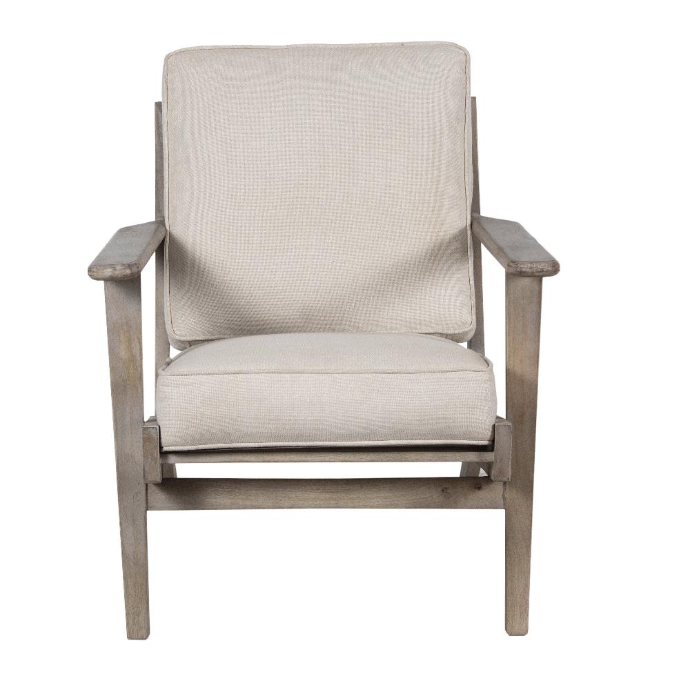 Amber Accent Chair, Handcrafted Washed Ash Gray Mango Wood, Beige Fabric Cushions, Angled Legs