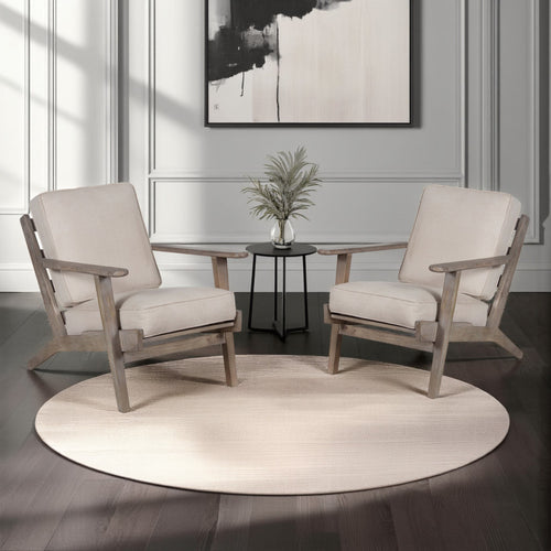 Amber Accent Chair, Handcrafted Washed Ash Gray Mango Wood, Beige Fabric Cushions, Angled Legs - UPT-315764