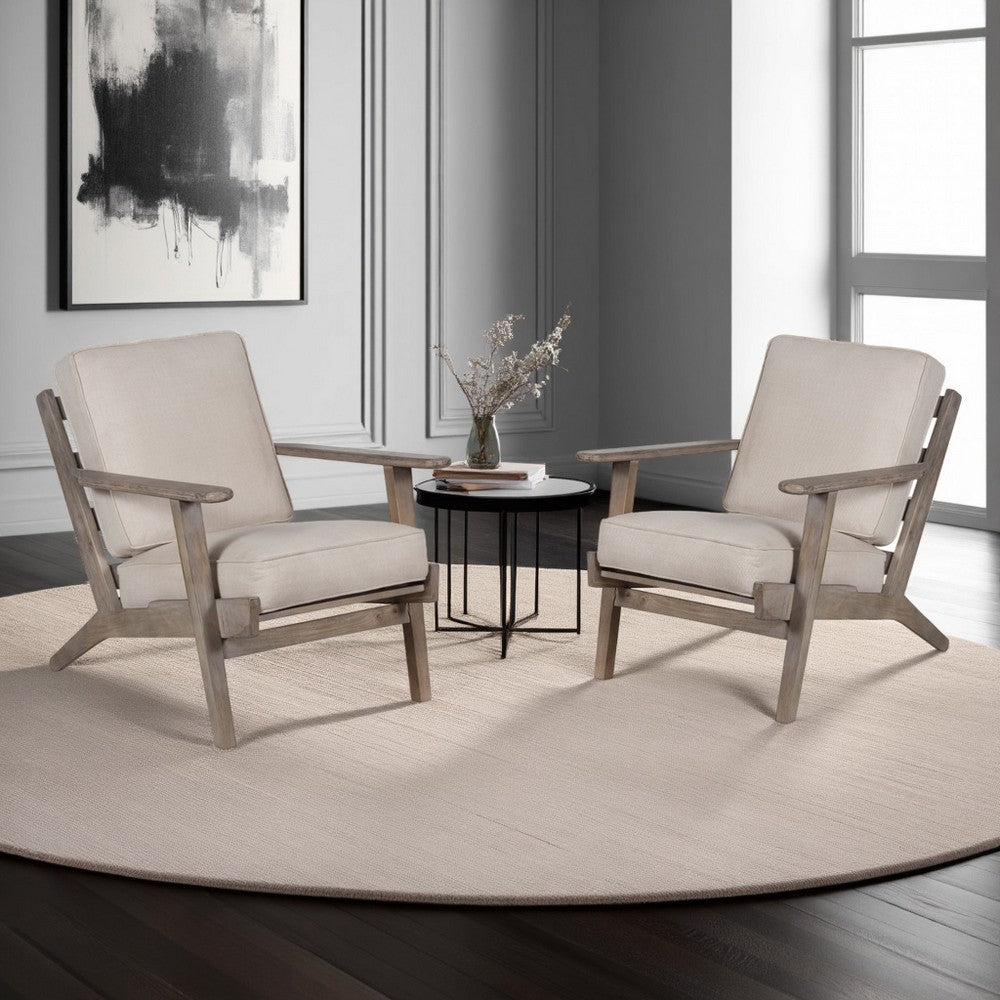 Amber Accent Chair, Handcrafted Washed Ash Gray Mango Wood, Beige Fabric Cushions, Angled Legs - UPT-315764