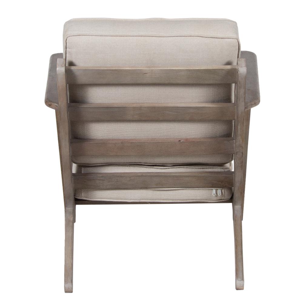 Amber Accent Chair, Handcrafted Washed Ash Gray Mango Wood, Beige Fabric Cushions, Angled Legs