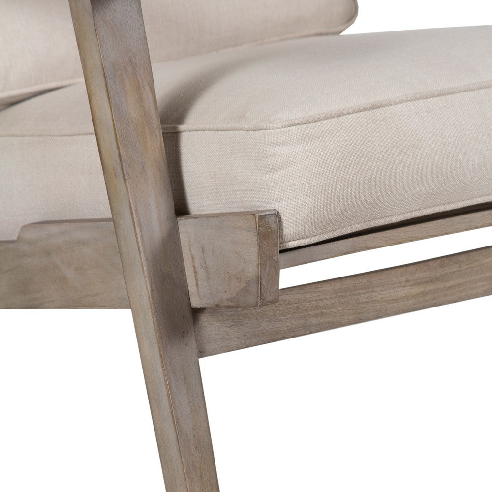 Amber Accent Chair, Handcrafted Washed Ash Gray Mango Wood, Beige Fabric Cushions, Angled Legs - UPT-315764
