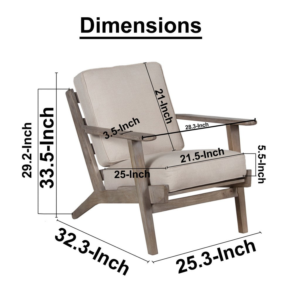 Amber Accent Chair, Handcrafted Washed Ash Gray Mango Wood, Beige Fabric Cushions, Angled Legs - UPT-315764