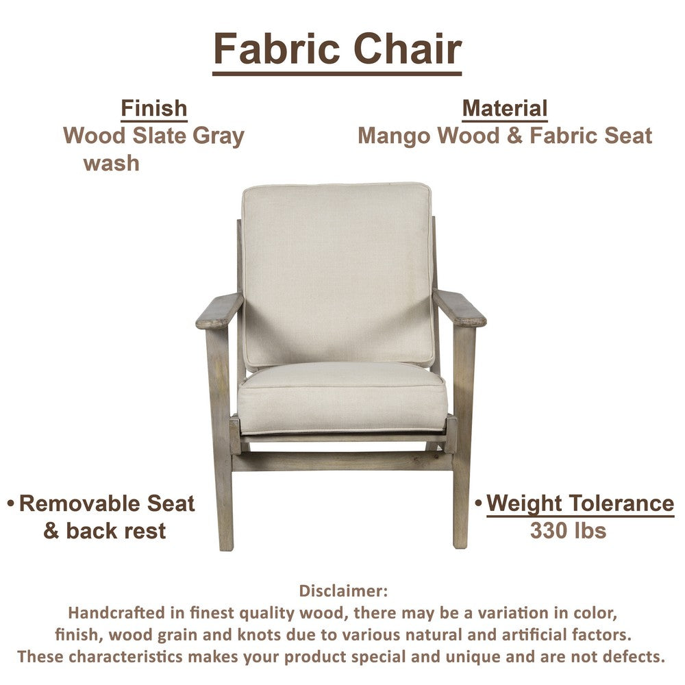 Amber Accent Chair, Handcrafted Washed Ash Gray Mango Wood, Beige Fabric Cushions, Angled Legs - UPT-315764