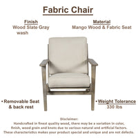 Amber Accent Chair, Handcrafted Washed Ash Gray Mango Wood, Beige Fabric Cushions, Angled Legs - UPT-315764