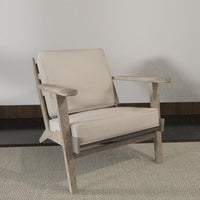 Amber Accent Chair, Handcrafted Washed Ash Gray Mango Wood, Beige Fabric Cushions, Angled Legs