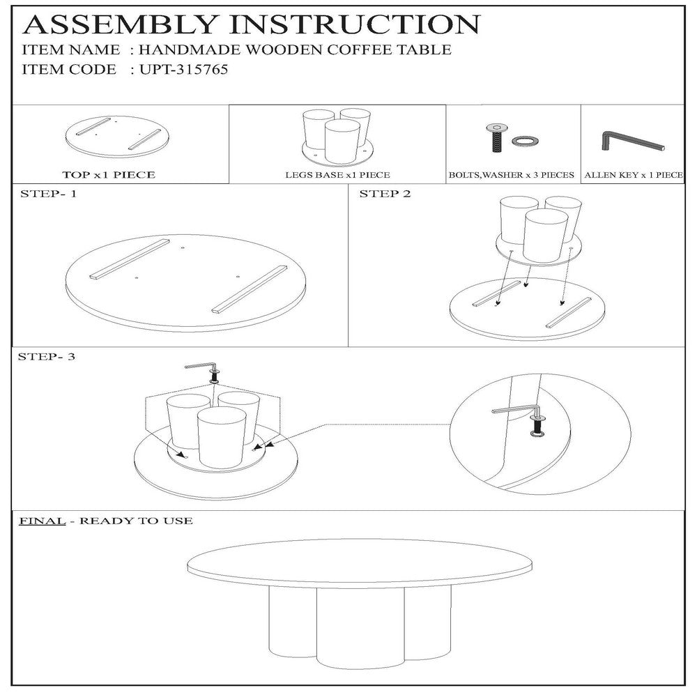 Hazel Coffee Table with 3 Pillar Legs, 35.5 Inch Round Top, Natural Brown Mango Wood - UPT-315765