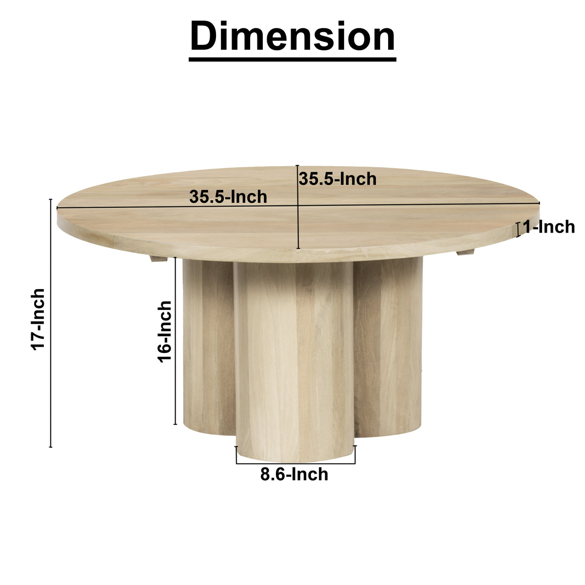 Hazel Coffee Table with 3 Pillar Legs, 35.5 Inch Round Top, Natural Brown Mango Wood