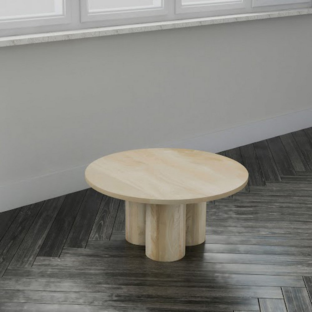 Hazel Coffee Table with 3 Pillar Legs, 35.5 Inch Round Top, Natural Brown Mango Wood - UPT-315765