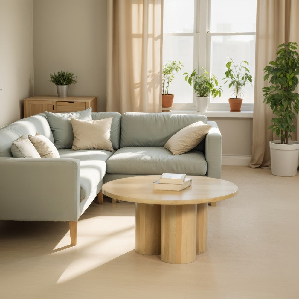 Hazel Coffee Table with 3 Pillar Legs, 35.5 Inch Round Top, Natural Brown Mango Wood - UPT-315765