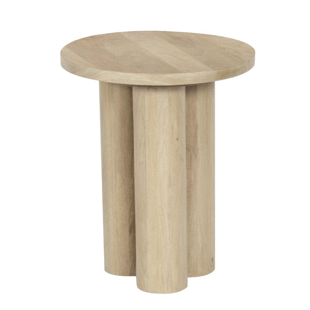 Hazel Side Table with 3 Pillar Legs, Handcrafted Natural Brown Mango Wood, 17.7 Inch Round Top