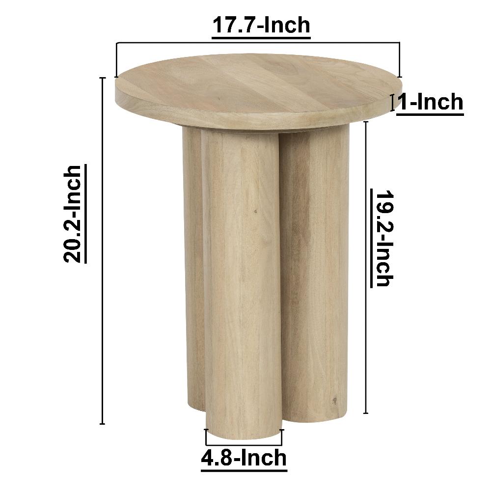 Hazel Side Table with 3 Pillar Legs, Handcrafted Natural Brown Mango Wood, 17.7 Inch Round Top