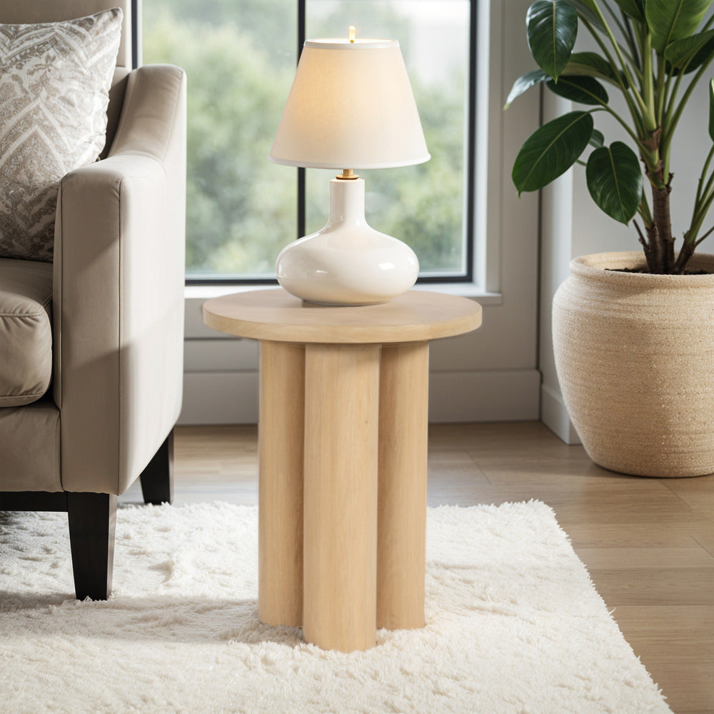 Hazel Side Table with 3 Pillar Legs, Handcrafted Natural Brown Mango Wood, 17.7 Inch Round Top - UPT-315766