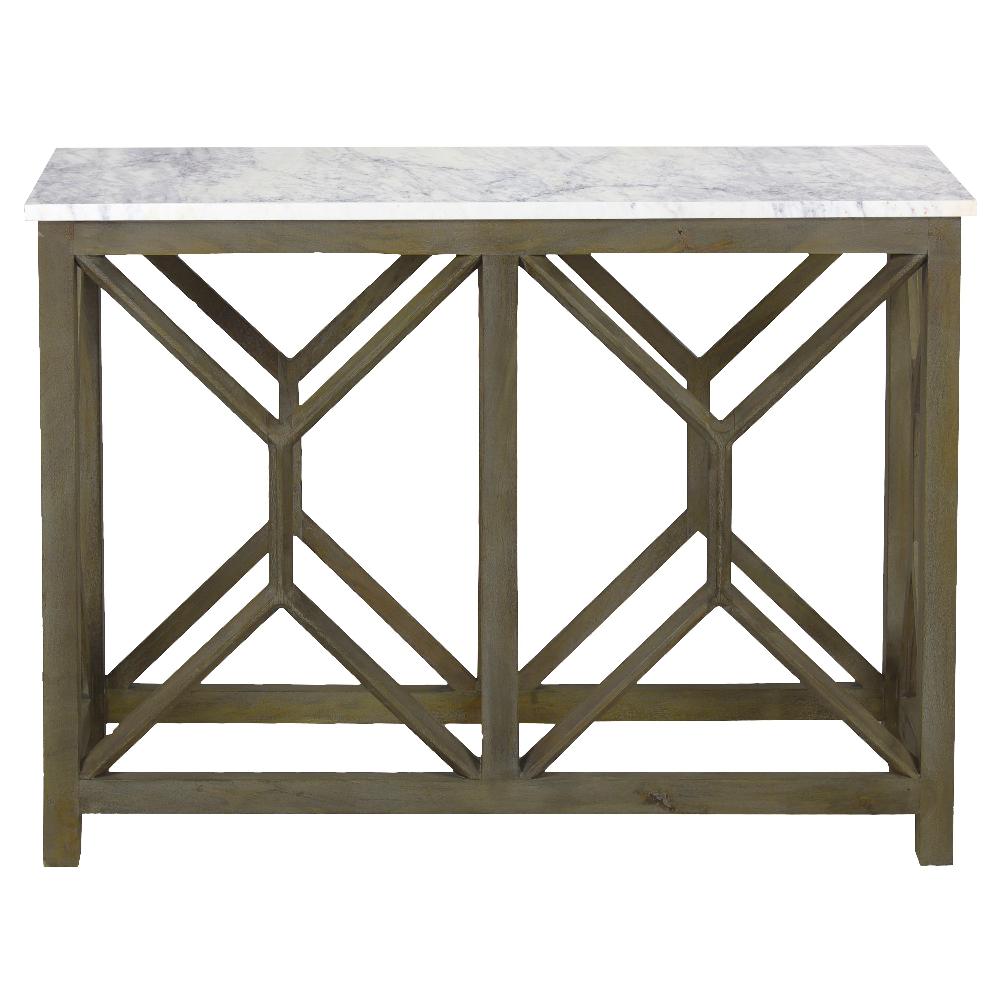 Agas Sofa Console Table, 41 Inch White Genuine Marble Top, Sandblasted Washed Ash Gray Mango Wood Geometric Frame