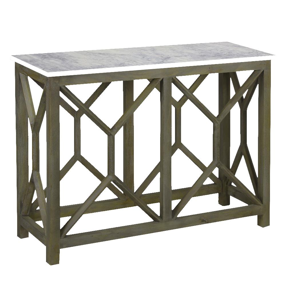 Agas Sofa Console Table, 41 Inch White Genuine Marble Top, Sandblasted Washed Ash Gray Mango Wood Geometric Frame