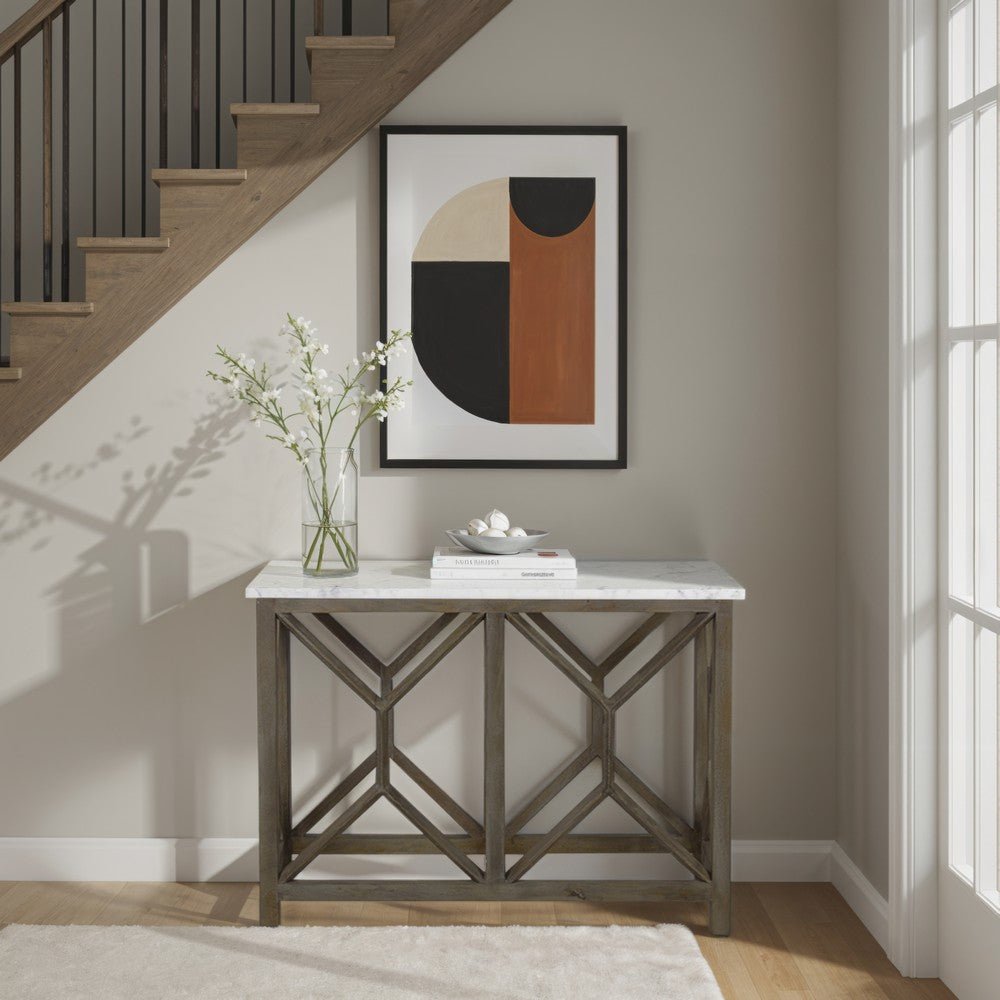 Agas Sofa Console Table, 41 Inch White Genuine Marble Top, Sandblasted Washed Ash Gray Mango Wood Geometric Frame