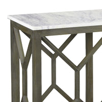 Agas Sofa Console Table, 41 Inch White Genuine Marble Top, Sandblasted Washed Ash Gray Mango Wood Geometric Frame